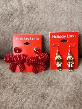 Macys Holiday Lane Earrings Set Of 2 Nutcrackers Beaded Bows NWT